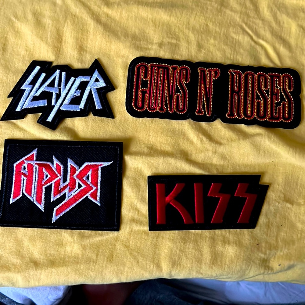 Iron on band patches. Kiss, Slayer, Guns and Roses.